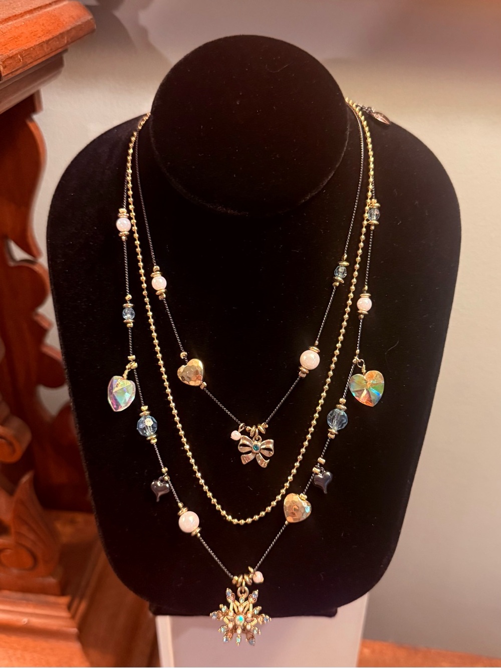 Betsey Johnson Gold Multi-Layer Necklace with Iridescent Hearts & Snowflake - Picture 2 of 8